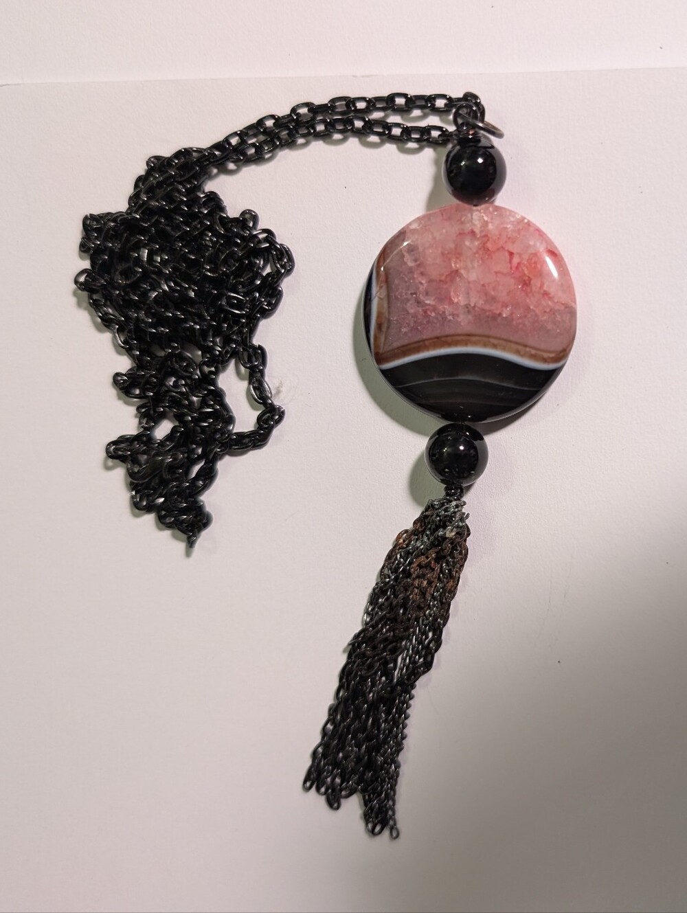 Vintage Banded Pink Druzy Agate Onyx Chain Tassel Statement Necklace